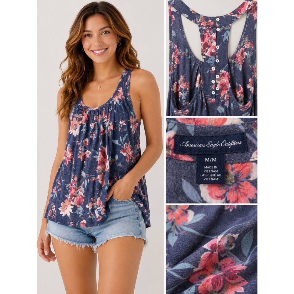 American Eagle Navy Floral Racerback Tank M